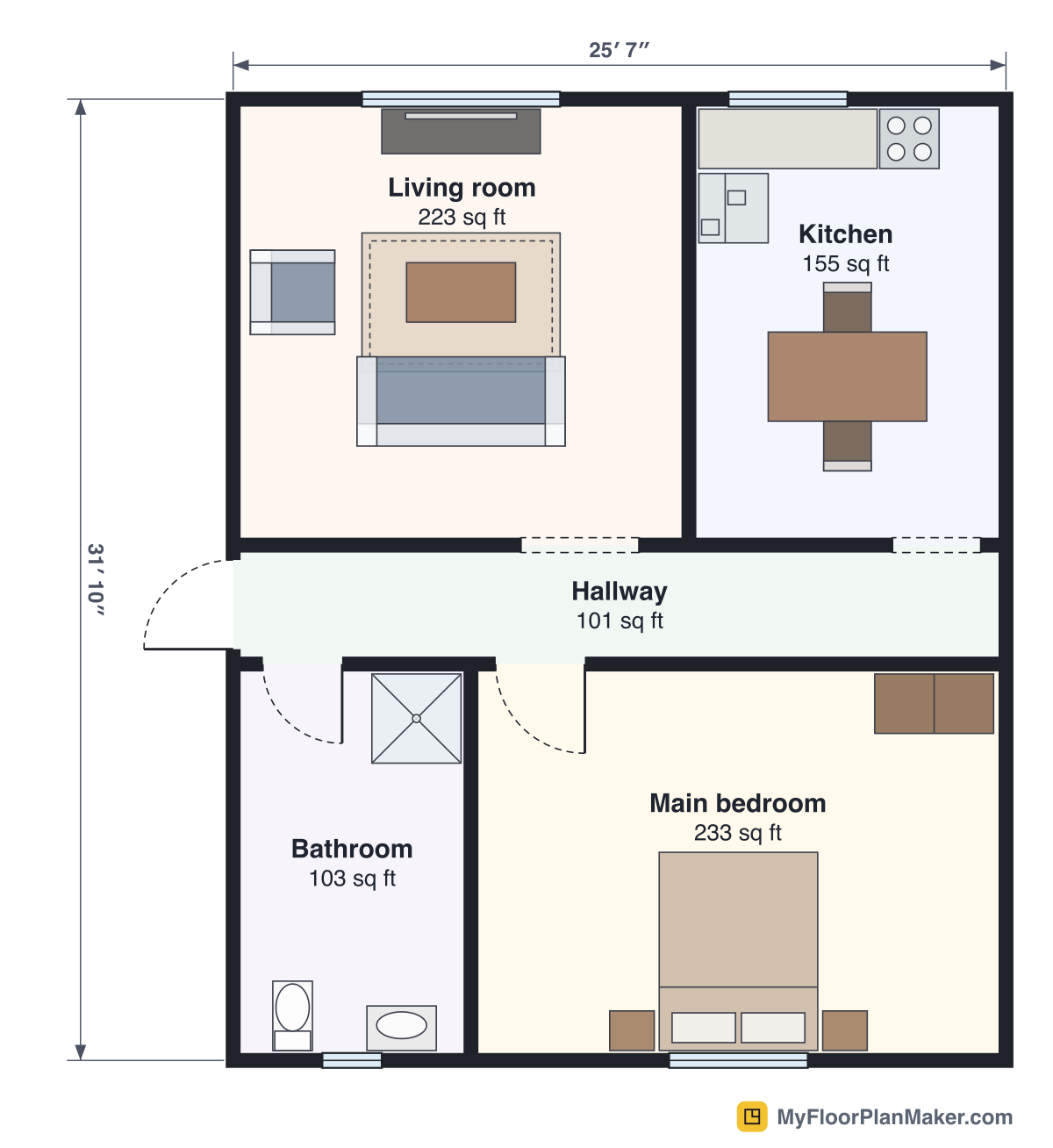 2D floor plan of the 1 Bedroom template, Ground Floor: 1 bedroom, 1 bathroom, living room, kitchen, 75.7 m² (814 sq ft)