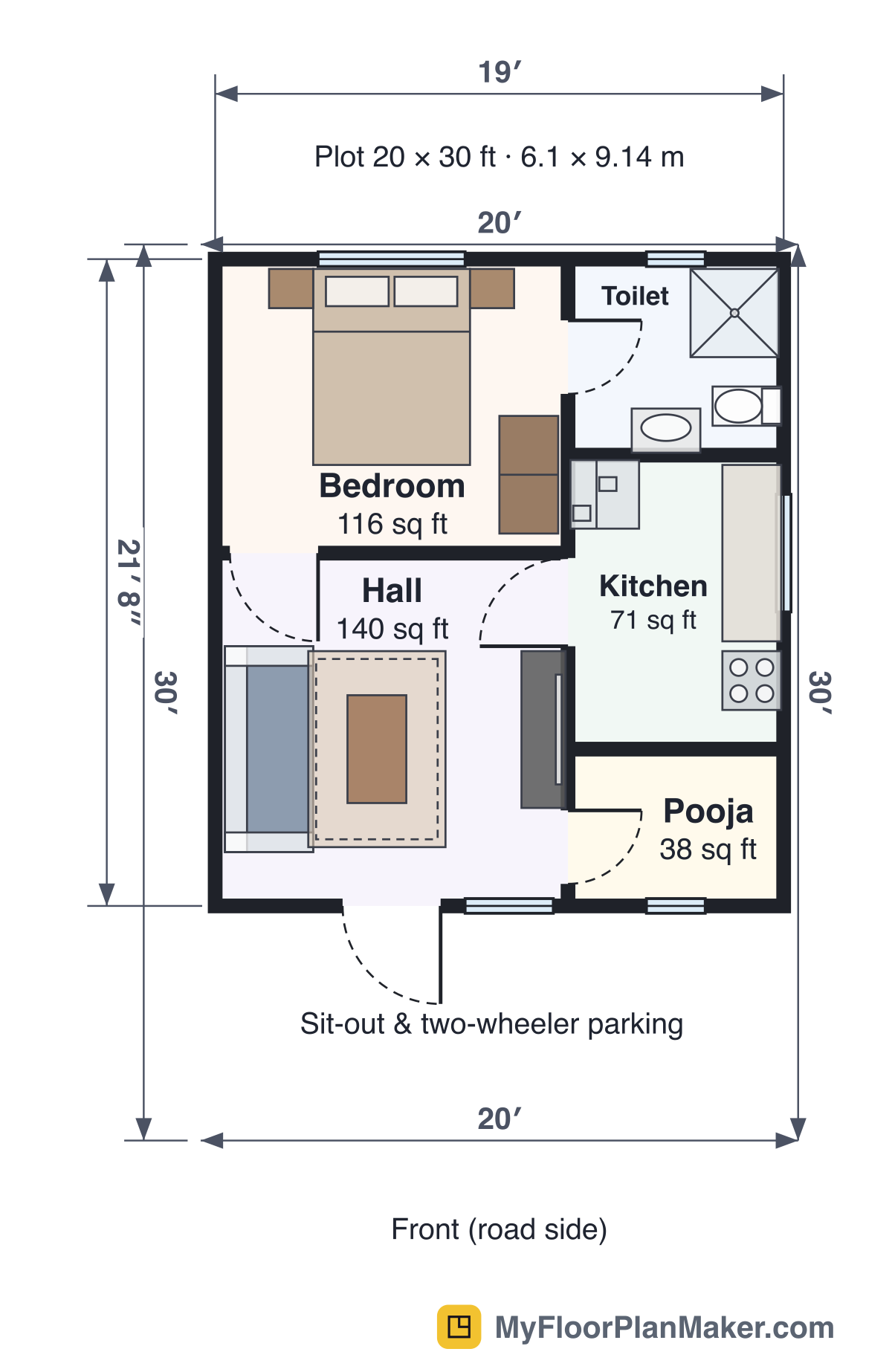 2D floor plan of the 1 BHK House (20×30 ft plot) template, Ground Floor: 1 bedroom, 1 bathroom, living room, kitchen