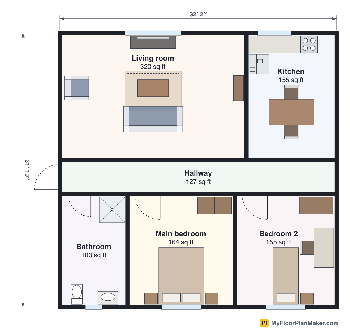 2D floor plan of the 2 Bedroom template, Ground Floor: 2 bedrooms, 1 bathroom, living room, kitchen, 95.1 m² (1,023 sq ft)