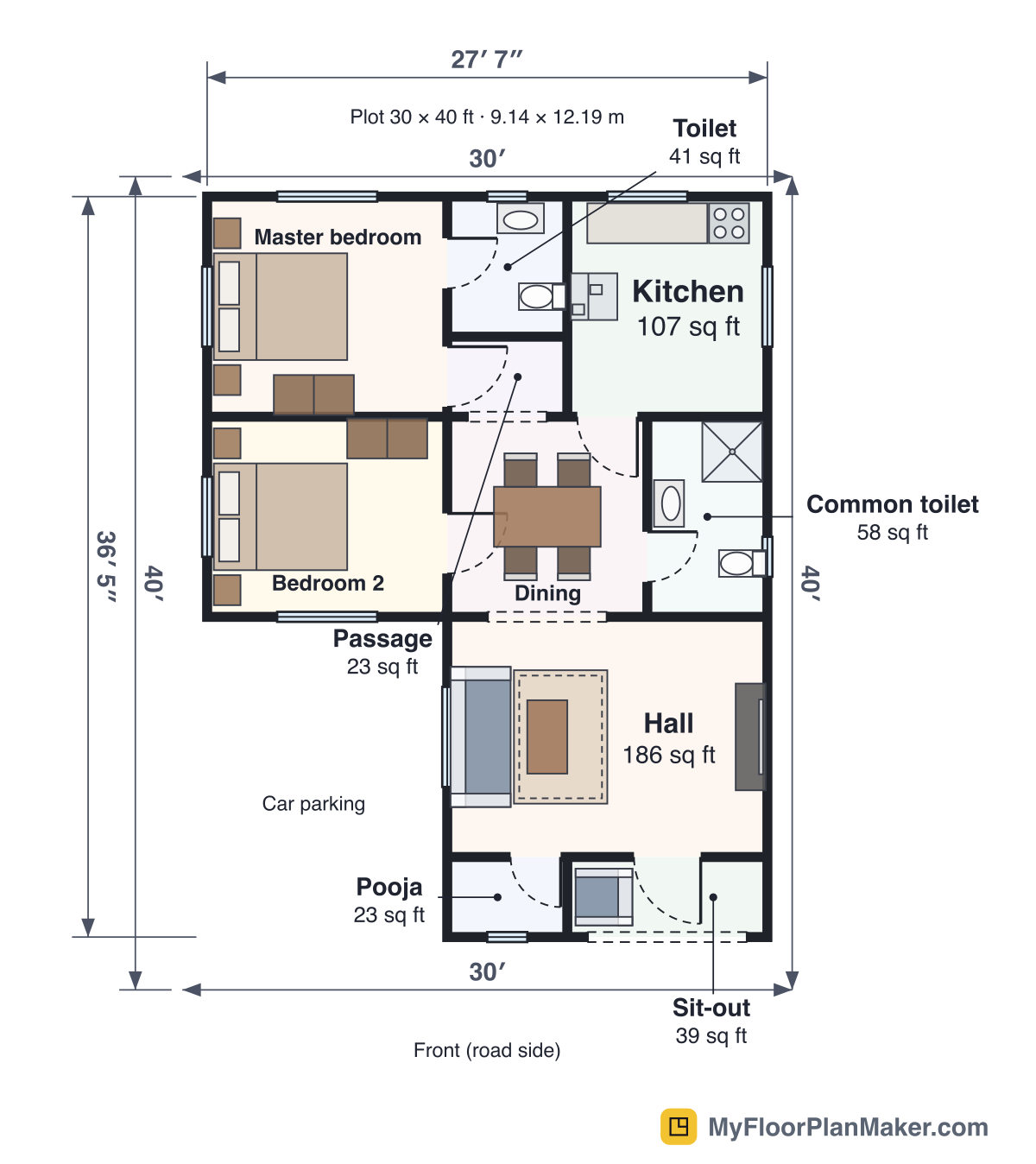 2D floor plan of the 2 BHK House (30×40 ft plot) template, Ground Floor: 2 bedrooms, 2 bathrooms, living room, kitchen