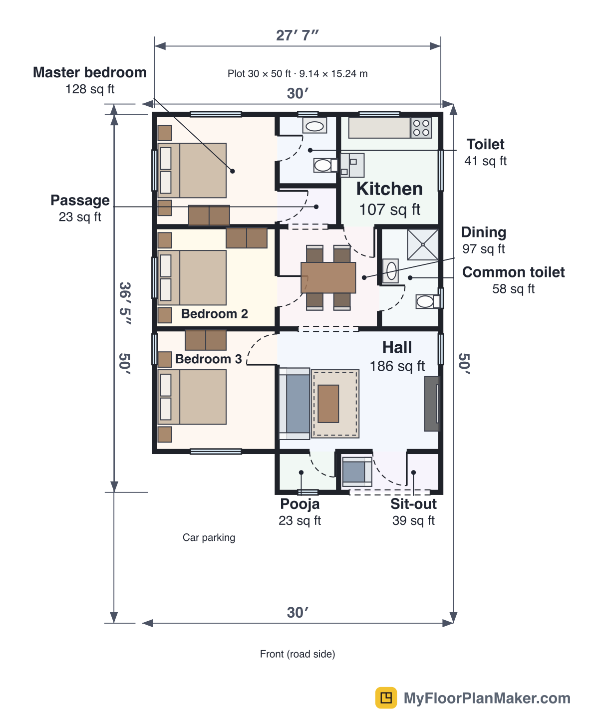 2D floor plan of the 3 BHK House (30×50 ft plot) template, Ground Floor: 3 bedrooms, 2 bathrooms, living room, kitchen