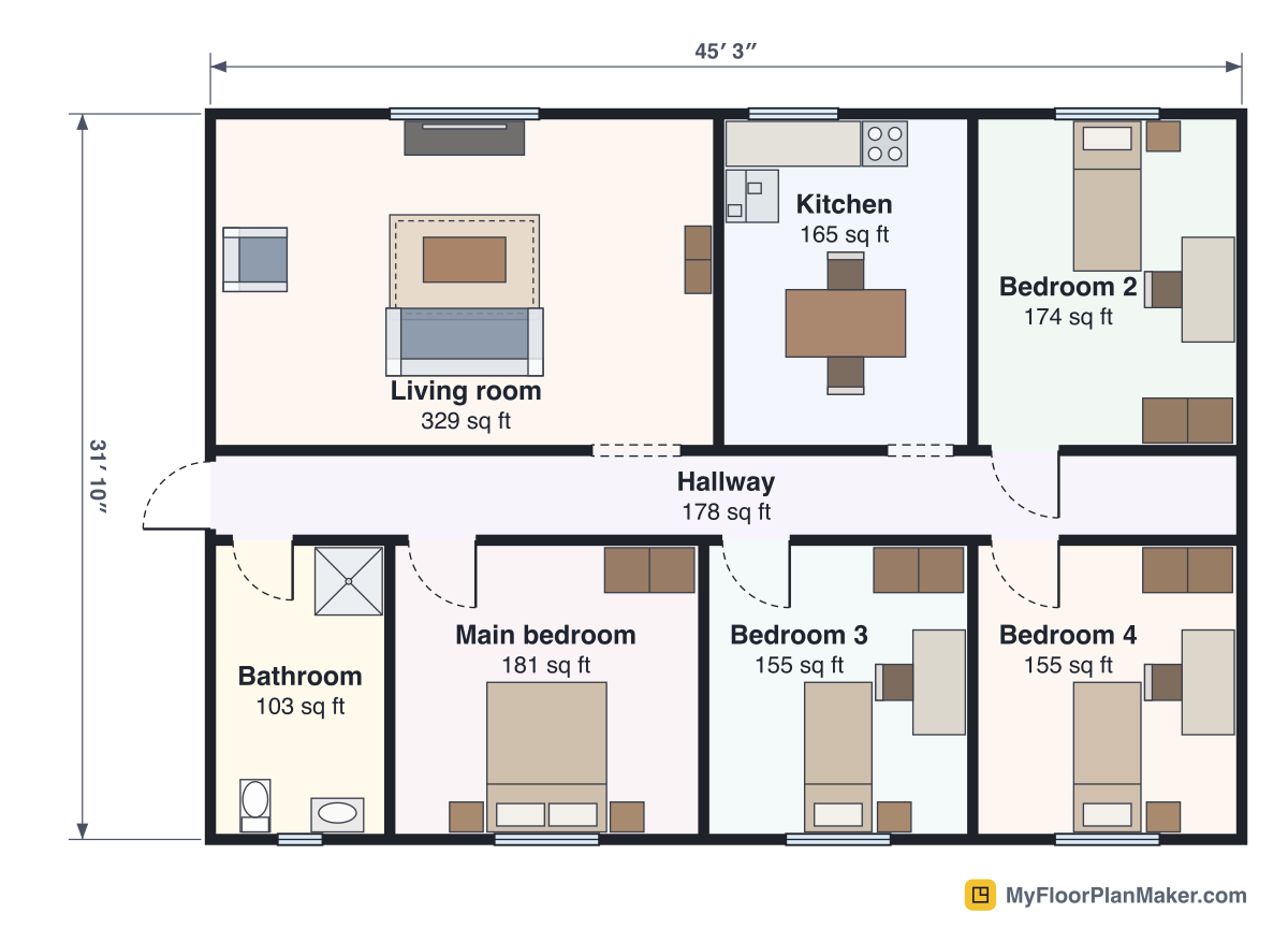 2D floor plan of the 4 Bedroom template, Ground Floor: 4 bedrooms, 1 bathroom, living room, kitchen, 133.9 m² (1,441 sq ft)