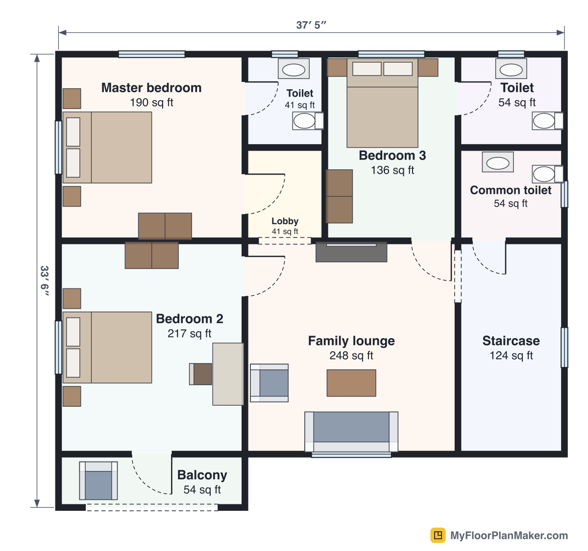 2D floor plan of the 4 BHK Duplex (40×60 ft plot) template, First Floor: 3 bedrooms, 3 bathrooms, living room, balcony