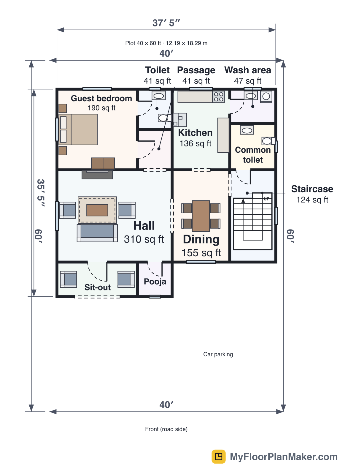 2D floor plan of the 4 BHK Duplex (40×60 ft plot) template, Ground Floor: 1 bedroom, 2 bathrooms, living room, kitchen