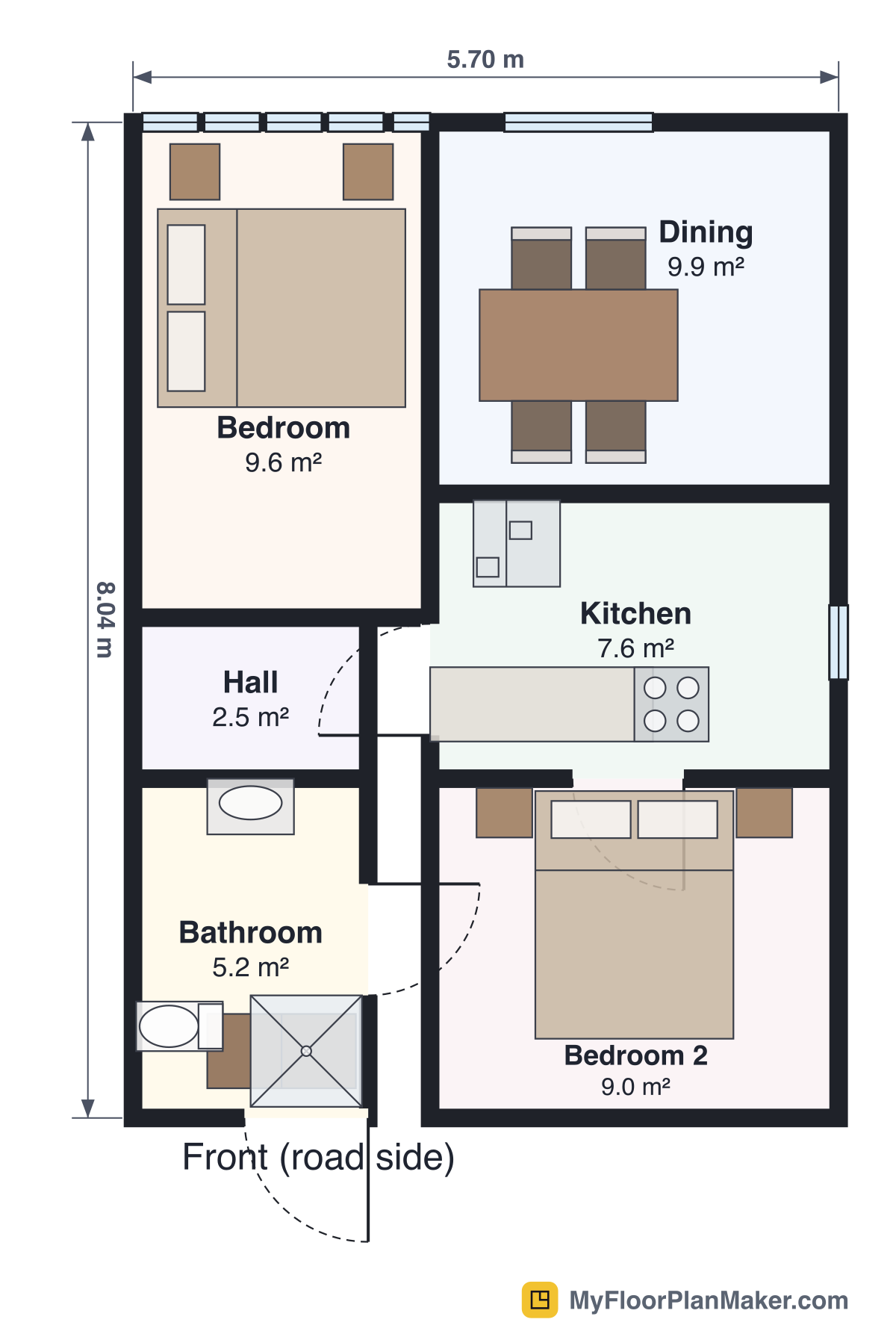 2D floor plan of the Five-Room Single-Storey House template, Ground Floor: 2 bedrooms, 1 bathroom, living room, kitchen