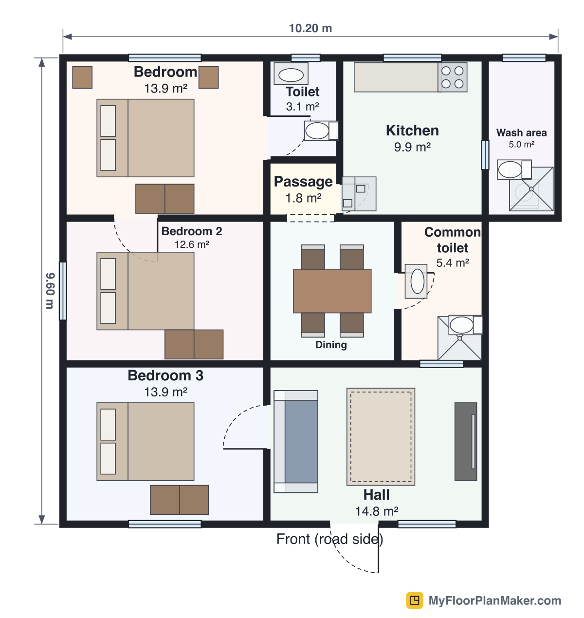 2D floor plan of the Hallway House (Three Bedrooms) template, Ground Floor: 3 bedrooms, 2 bathrooms, living room, kitchen