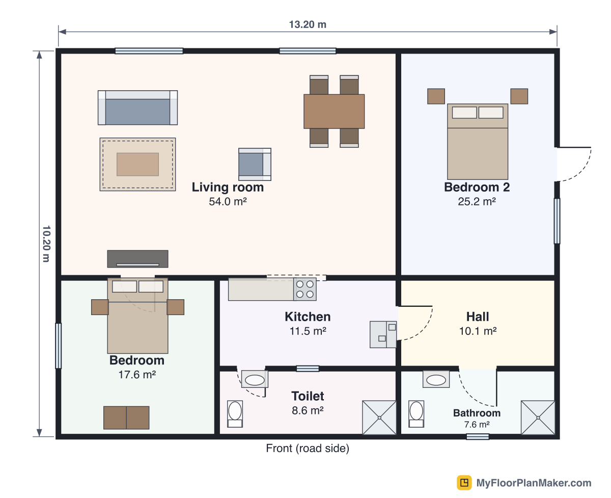 2D floor plan of the L-Shaped House template, Ground Floor: 2 bedrooms, 2 bathrooms, 2 living rooms, kitchen, 13.20 × 10.20 m