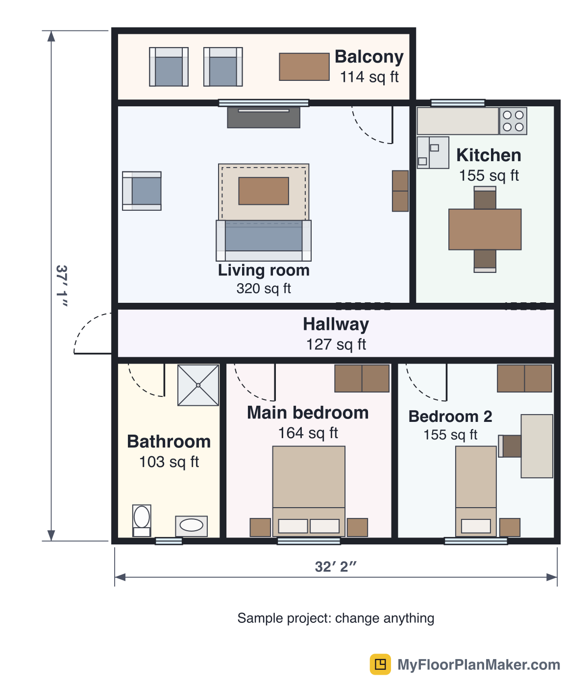2D floor plan of the Modern 2 Bedroom Apartment template, Ground Floor: 2 bedrooms, 1 bathroom, living room, kitchen, balcony