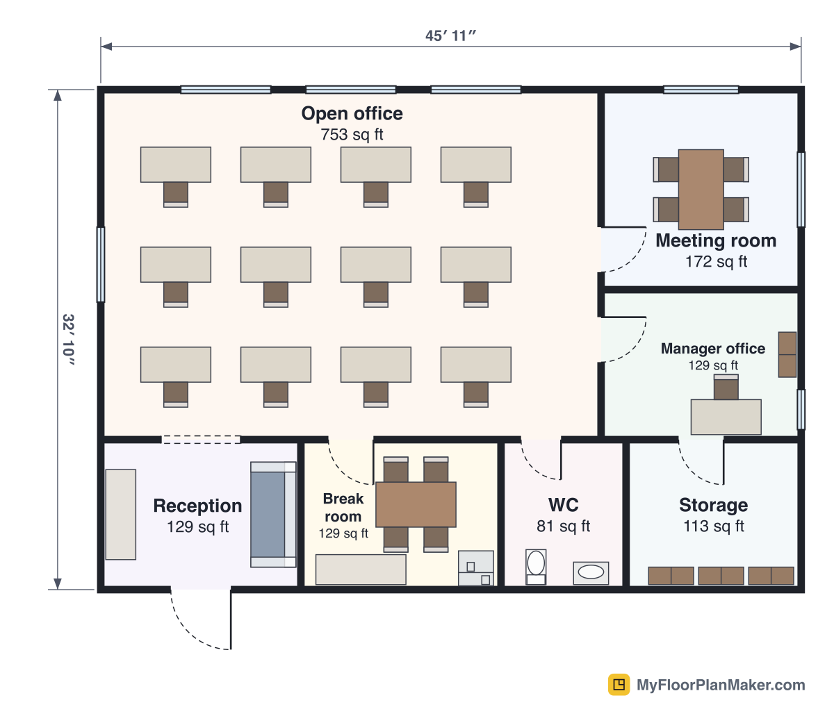 2D floor plan of the Office template, Ground Floor: 1 bathroom, 2 offices, meeting room, reception, storage room