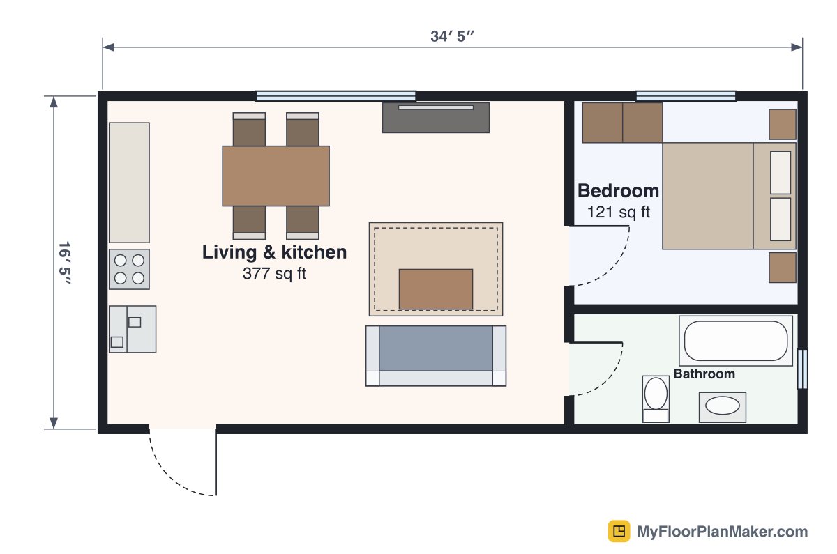 2D floor plan of the Apartment template, Ground Floor: 1 bedroom, 1 bathroom, living room, kitchen, 52.5 m² (565 sq ft)