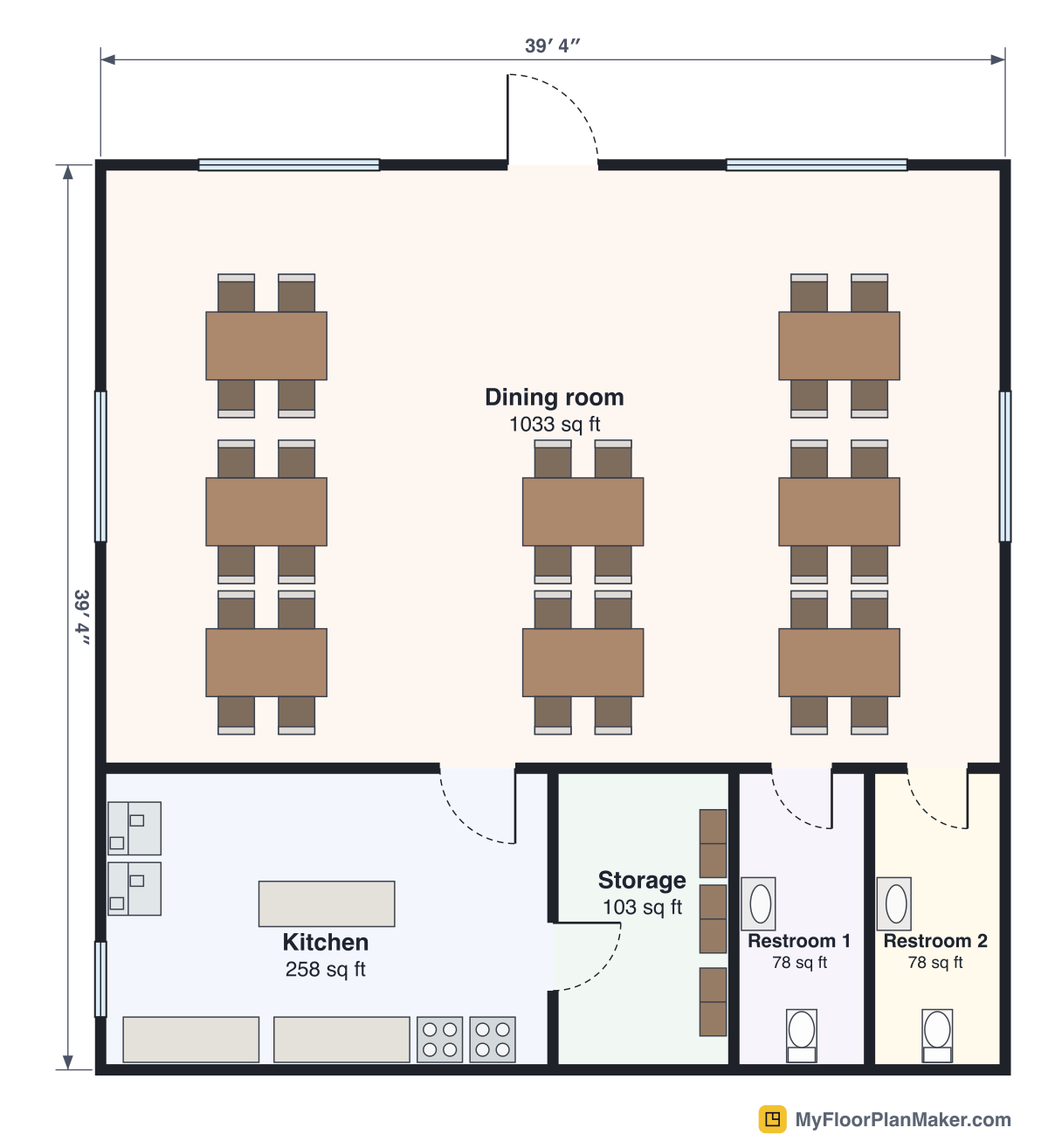 2D floor plan of the Restaurant template, Ground Floor: 2 bathrooms, kitchen, dining room, storage room, 12.00 × 12.00 m