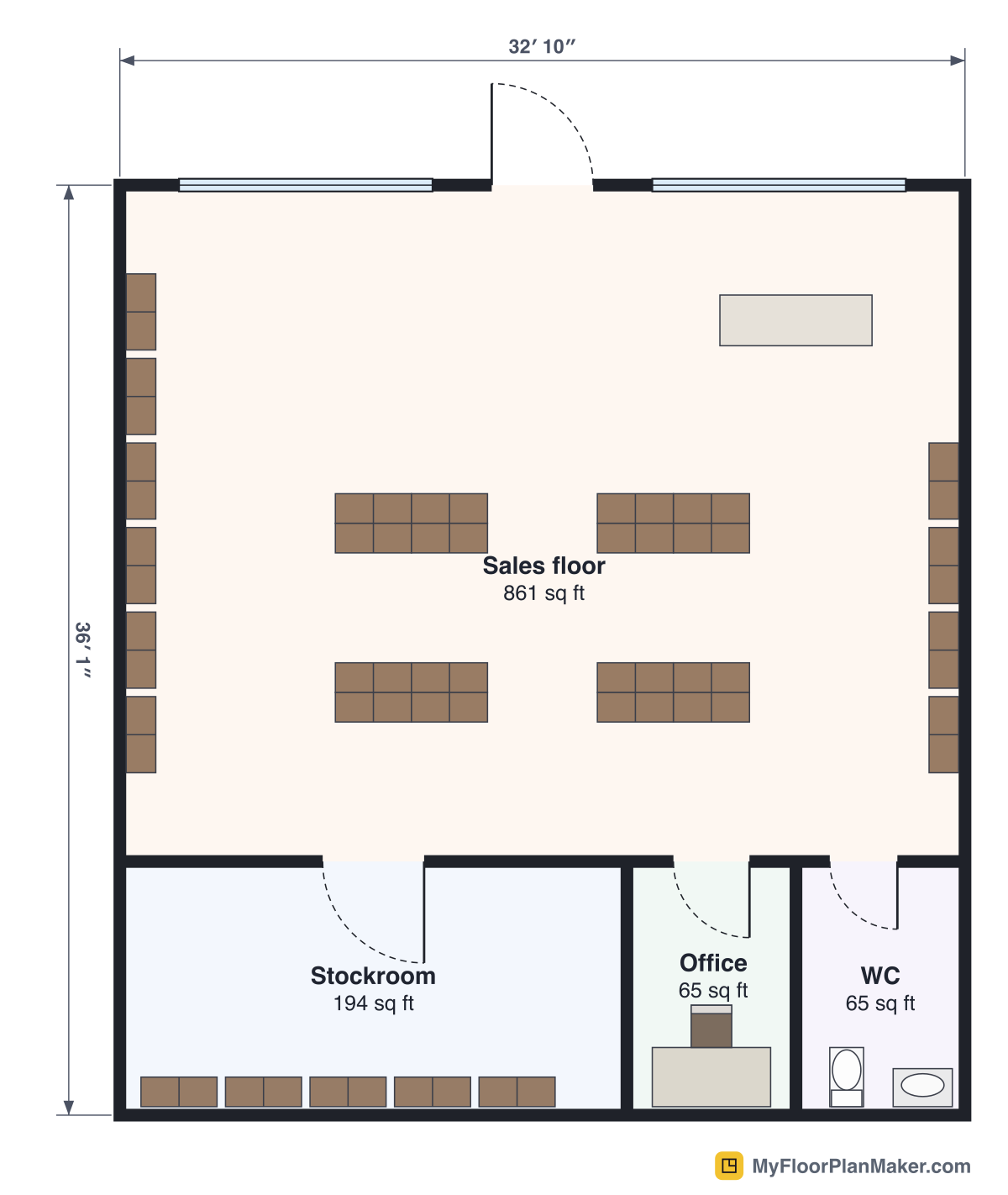 2D floor plan of the Shop template, Ground Floor: 1 bathroom, office, sales area, storage room, 110.0 m² (1,184 sq ft)