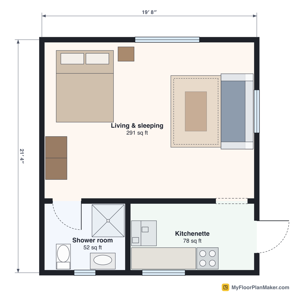 2D floor plan of the Studio template, Ground Floor: 1 bathroom, living room, kitchen, 39.0 m² (420 sq ft), 6.00 × 6.50 m