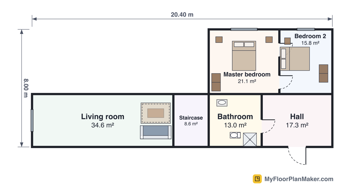 2D floor plan of the Ten-Room Two-Storey House template, First Floor: 2 bedrooms, 1 bathroom, 2 living rooms, 20.40 × 8.00 m