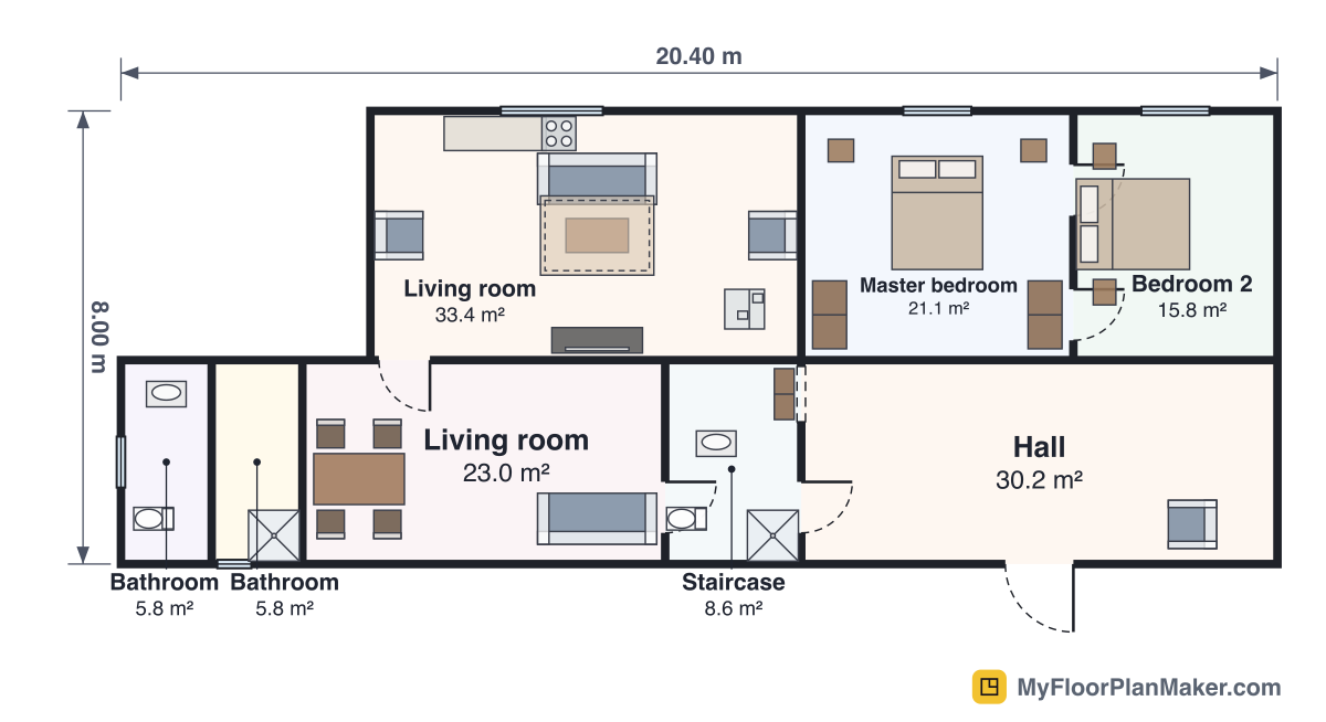 2D floor plan of the Ten-Room Two-Storey House template, Ground Floor: 2 bedrooms, 2 bathrooms, 3 living rooms