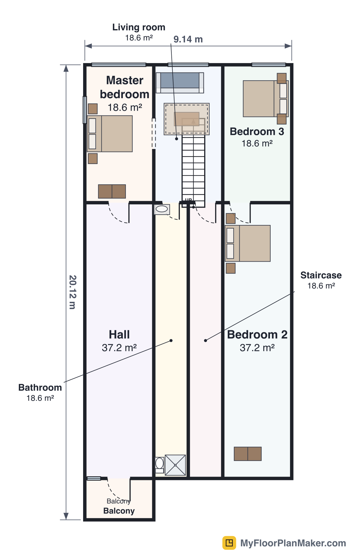 2D floor plan of the Two-Storey Family House (30×60 ft plot) template, First Floor: 3 bedrooms, 1 bathroom, 2 living rooms