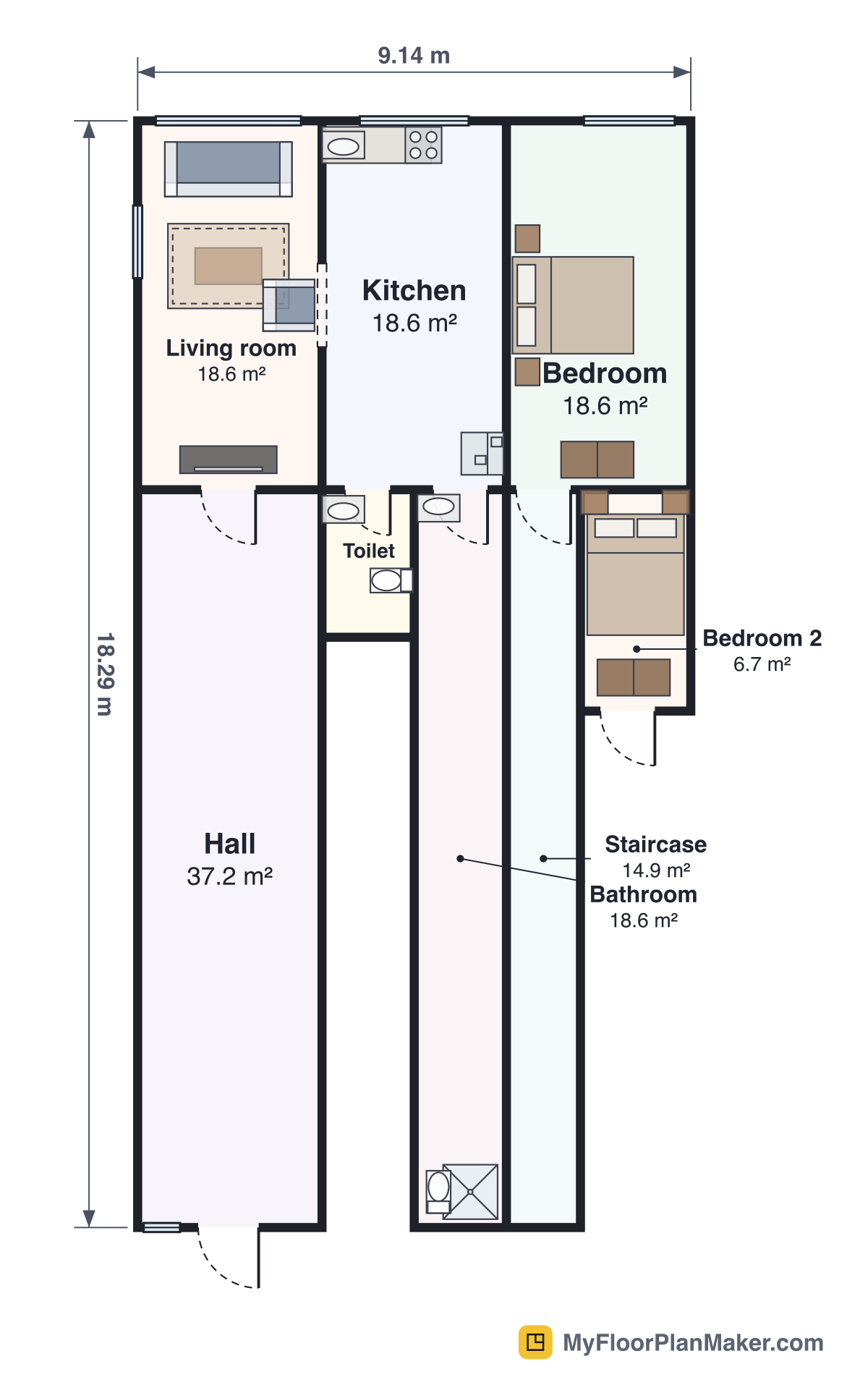 2D floor plan of the Two-Storey Family House (30×60 ft plot) template, Ground Floor: 2 bedrooms, 2 bathrooms, 2 living rooms